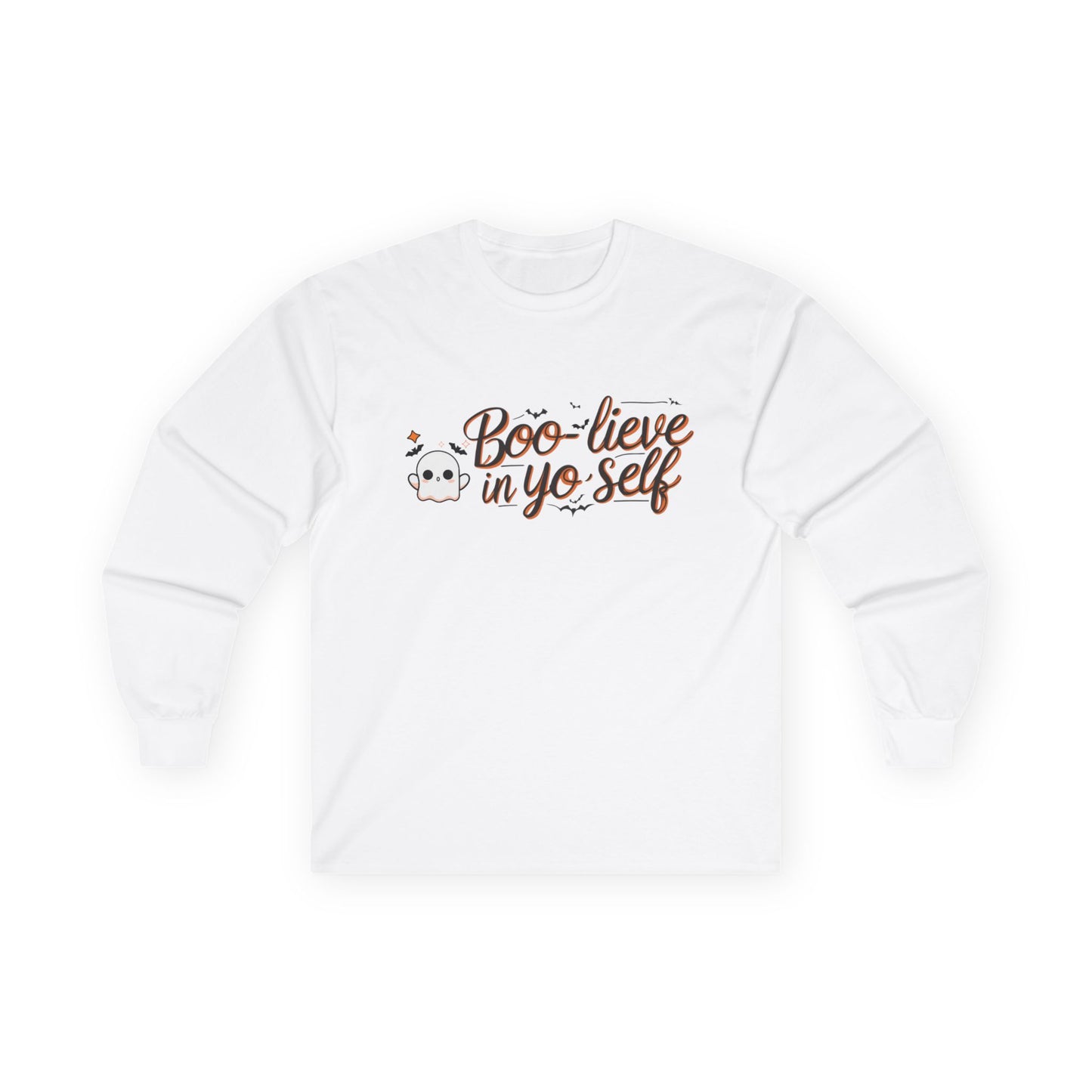 Boo-lieve in Yo Self Long Sleeve Tee | Funny Halloween T-Shirt, Unisex Holiday Apparel, Gift for Her, Motivational Shirt, October Fashion