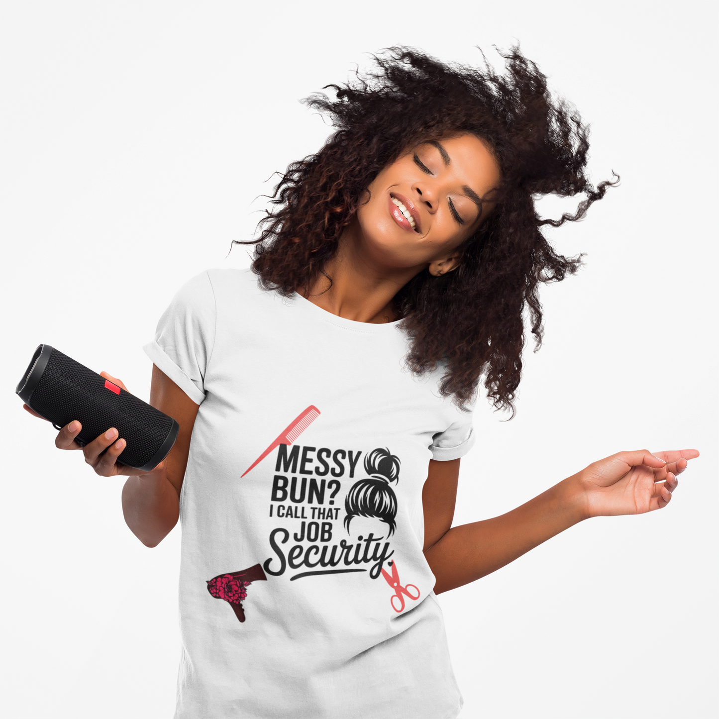 Messy Bun Job Security Tee, Cute Hair Stylist Shirt, Women's Softstyle Tee, Gift for Hairdressers, Casual Everyday Top