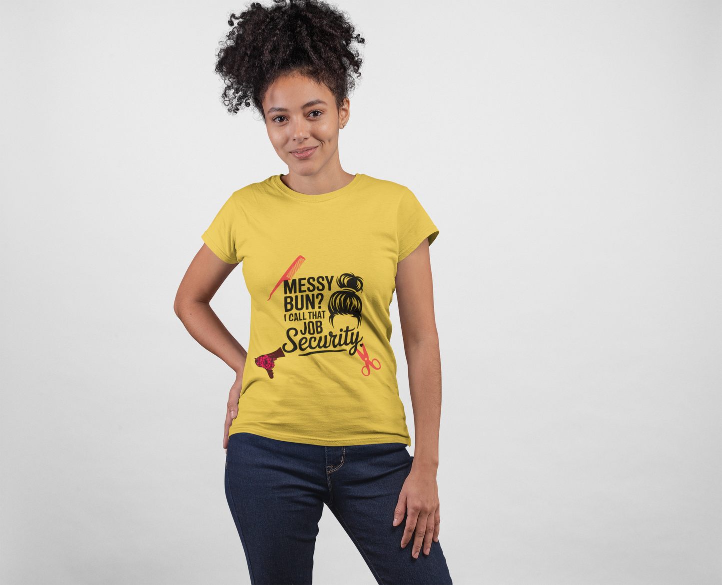 Messy Bun Job Security Tee, Cute Hair Stylist Shirt, Women's Softstyle Tee, Gift for Hairdressers, Casual Everyday Top