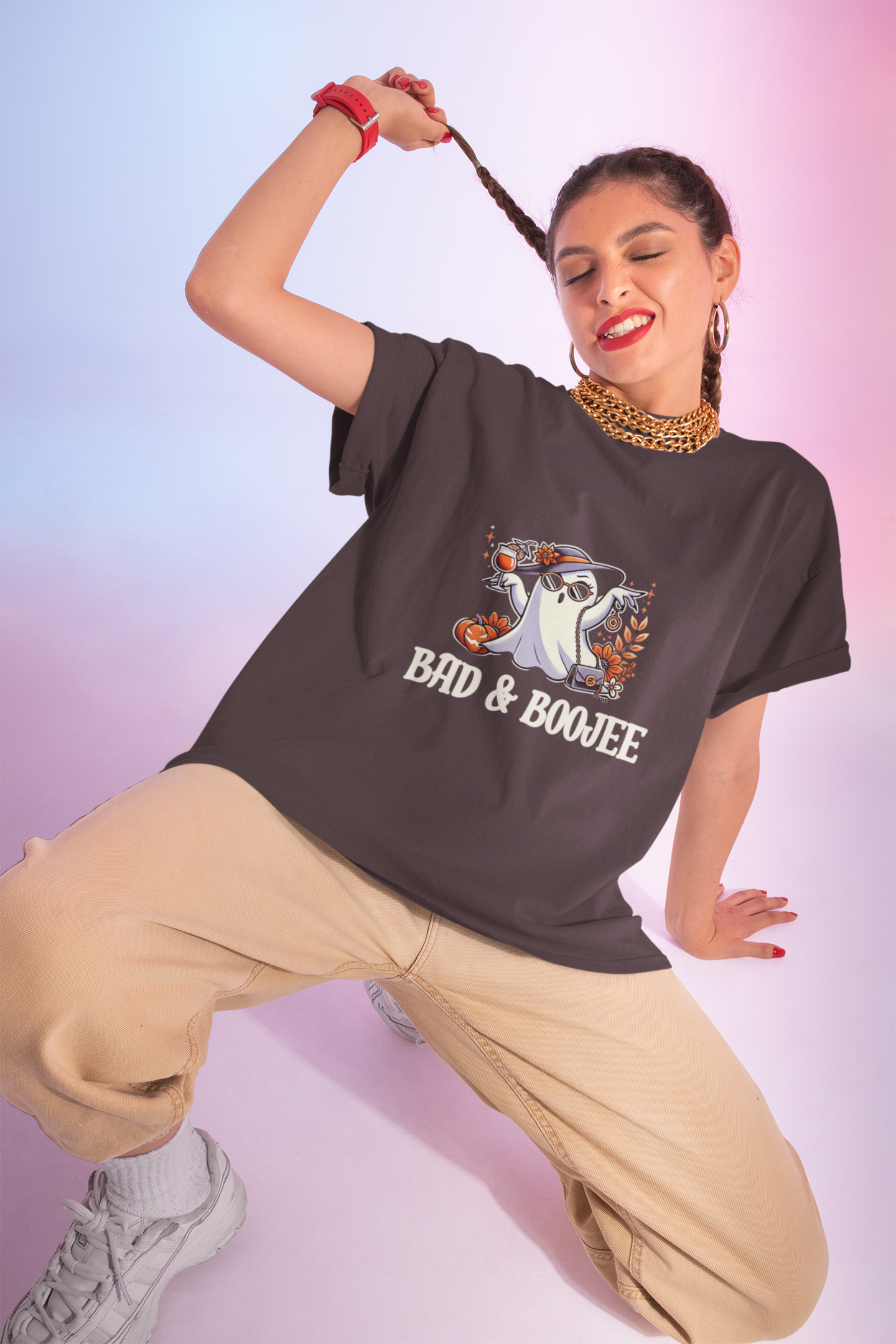 Ghostly Humor Unisex Cotton Crew Tee - Bad & Boojee Halloween Tee, Funny Shirt, Spooky Apparel, Gifts for Halloween Lovers