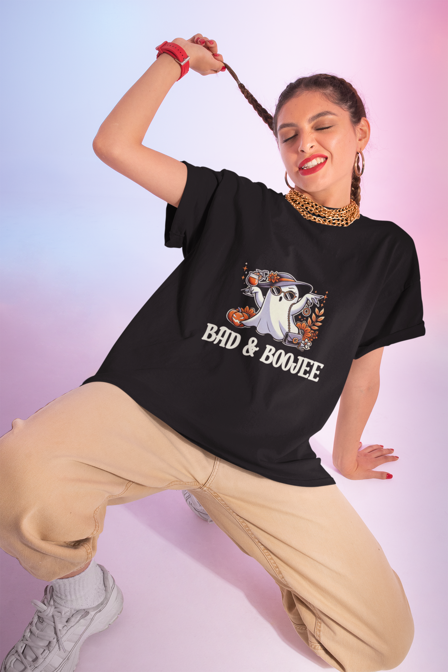 Ghostly Humor Unisex Cotton Crew Tee - Bad & Boojee Halloween Tee, Funny Shirt, Spooky Apparel, Gifts for Halloween Lovers