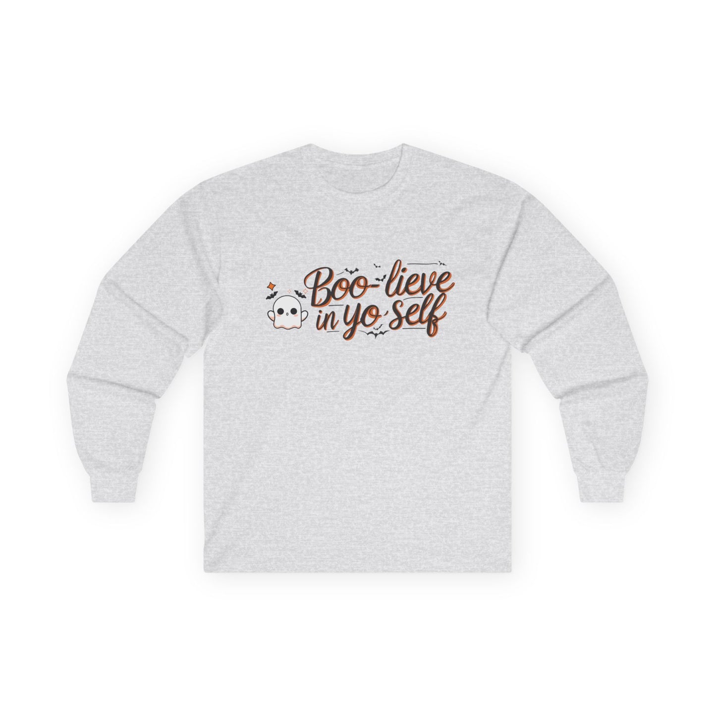 Boo-lieve in Yo Self Long Sleeve Tee | Funny Halloween T-Shirt, Unisex Holiday Apparel, Gift for Her, Motivational Shirt, October Fashion