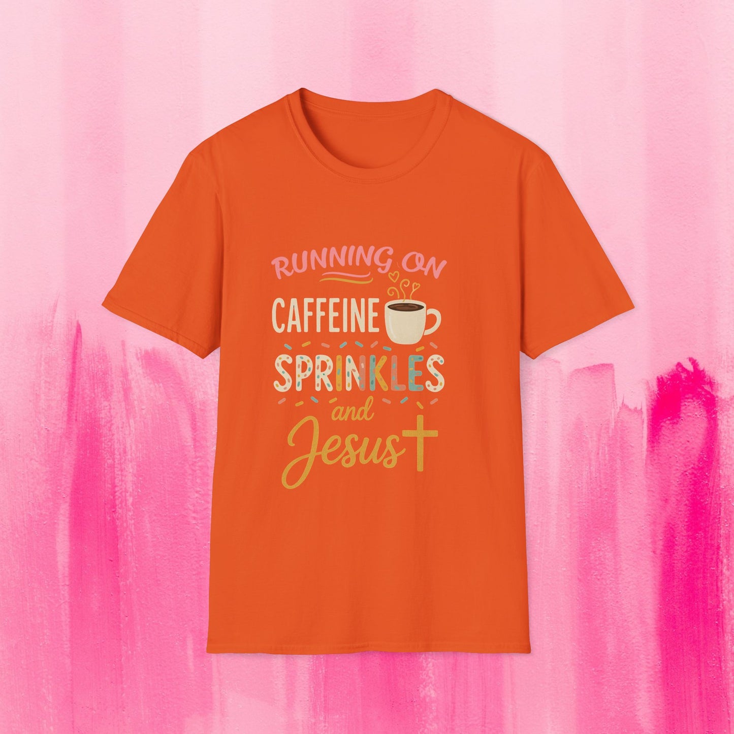 Running on Caffeine, Sprinkles, and Jesus T-Shirt | Graphic Tee | Coffee Lover Gift | Faith-Inspired Apparel | Cute Christian Shirt
