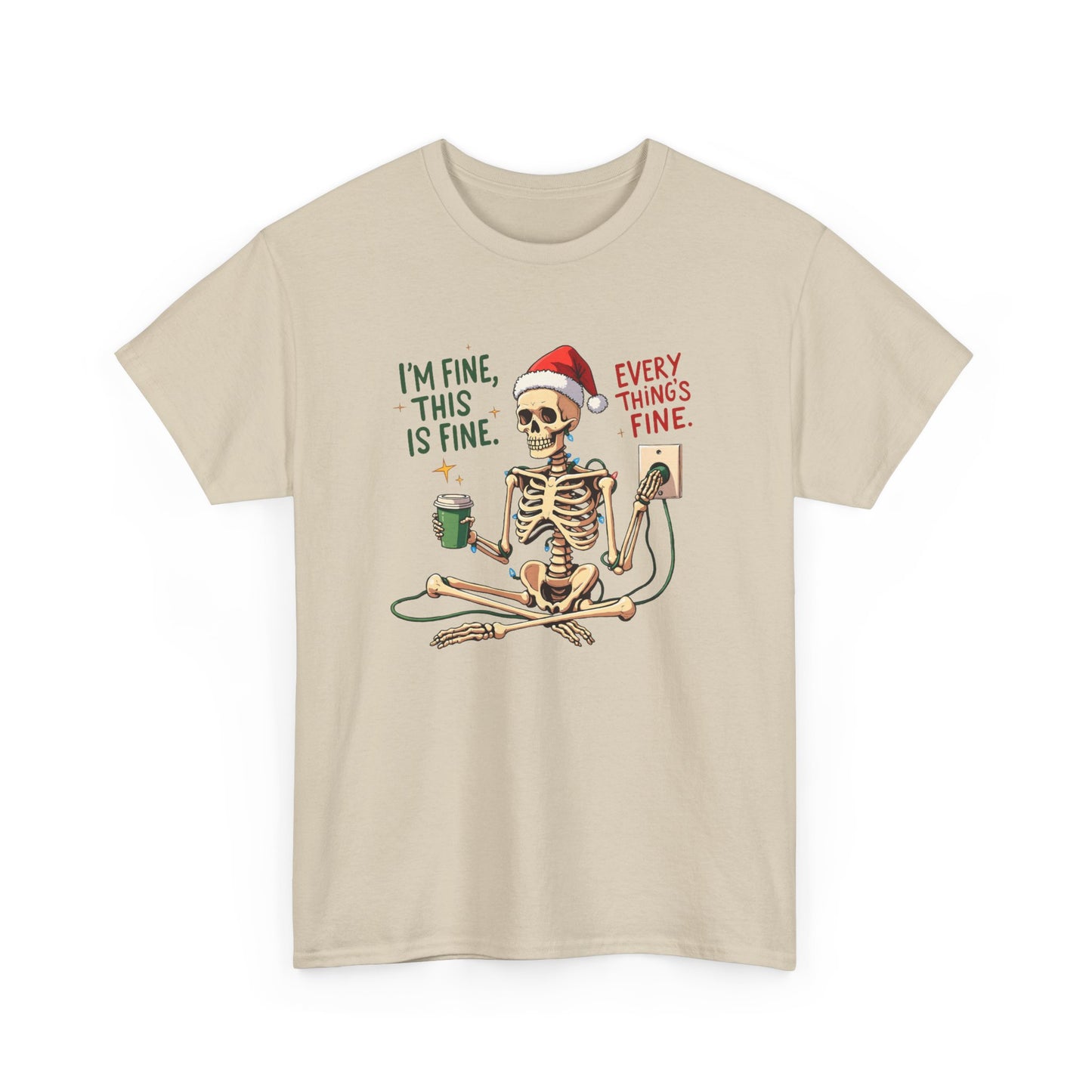 Festive Skeleton Unisex Heavy Cotton Tee - "I’m Fine, This is Fine" Holiday Humor Shirt