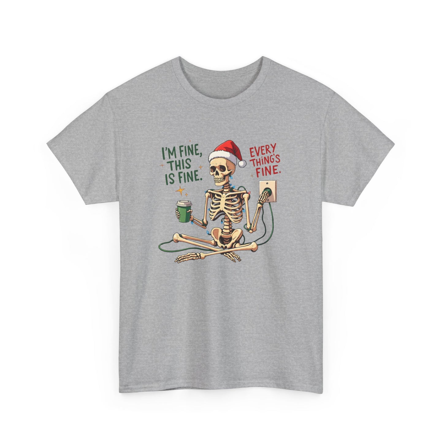 Festive Skeleton Unisex Heavy Cotton Tee - "I’m Fine, This is Fine" Holiday Humor Shirt