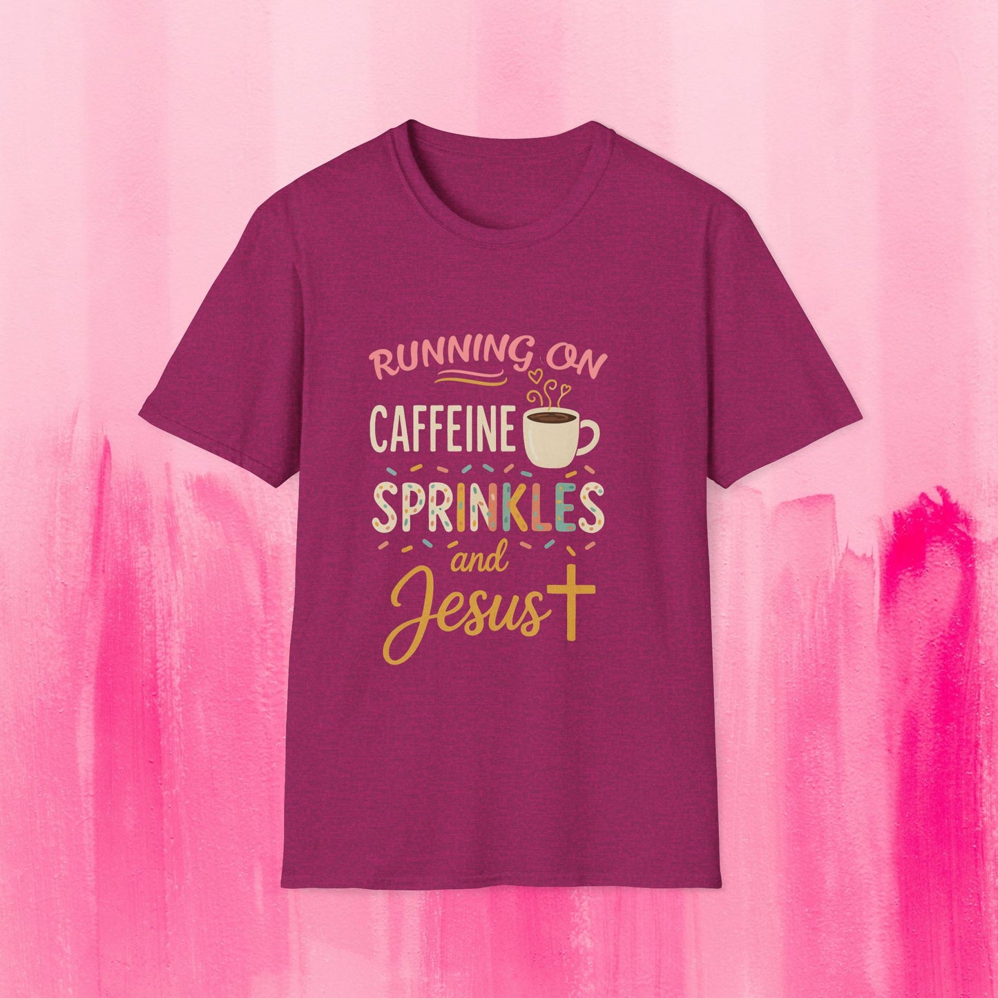 Running on Caffeine, Sprinkles, and Jesus T-Shirt | Graphic Tee | Coffee Lover Gift | Faith-Inspired Apparel | Cute Christian Shirt