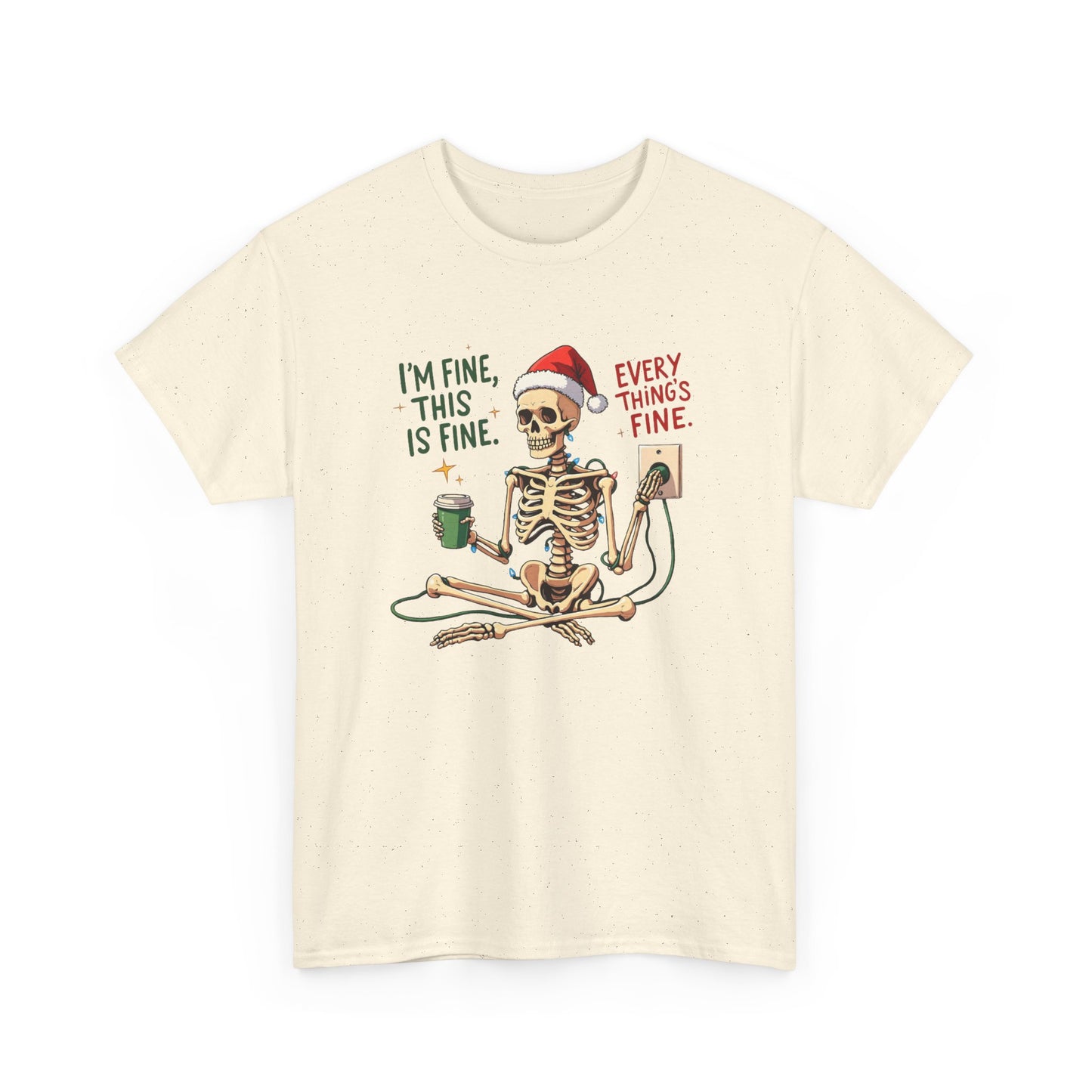 Festive Skeleton Unisex Heavy Cotton Tee - "I’m Fine, This is Fine" Holiday Humor Shirt