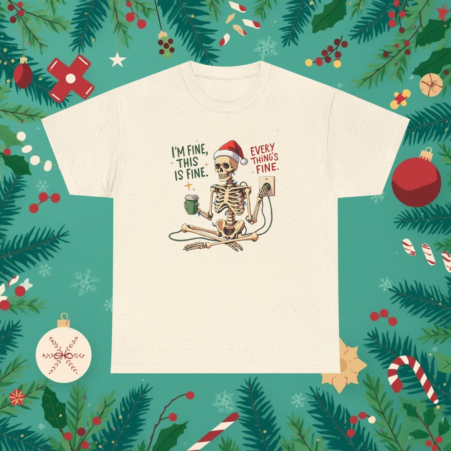 Festive Skeleton Unisex Heavy Cotton Tee - "I’m Fine, This is Fine" Holiday Humor Shirt