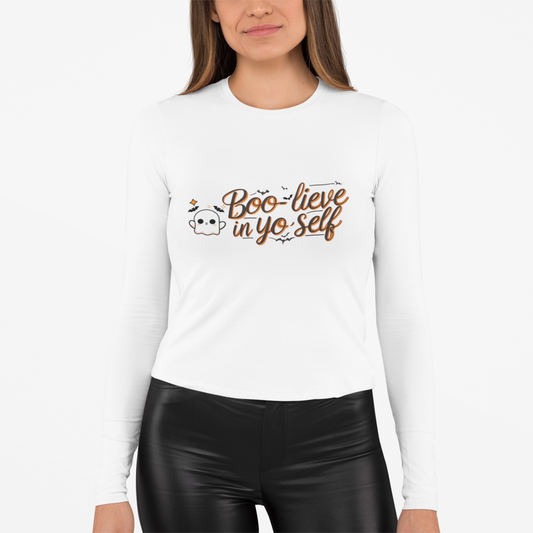 Boo-lieve in Yo Self Long Sleeve Tee | Funny Halloween T-Shirt, Unisex Holiday Apparel, Gift for Her, Motivational Shirt, October Fashion
