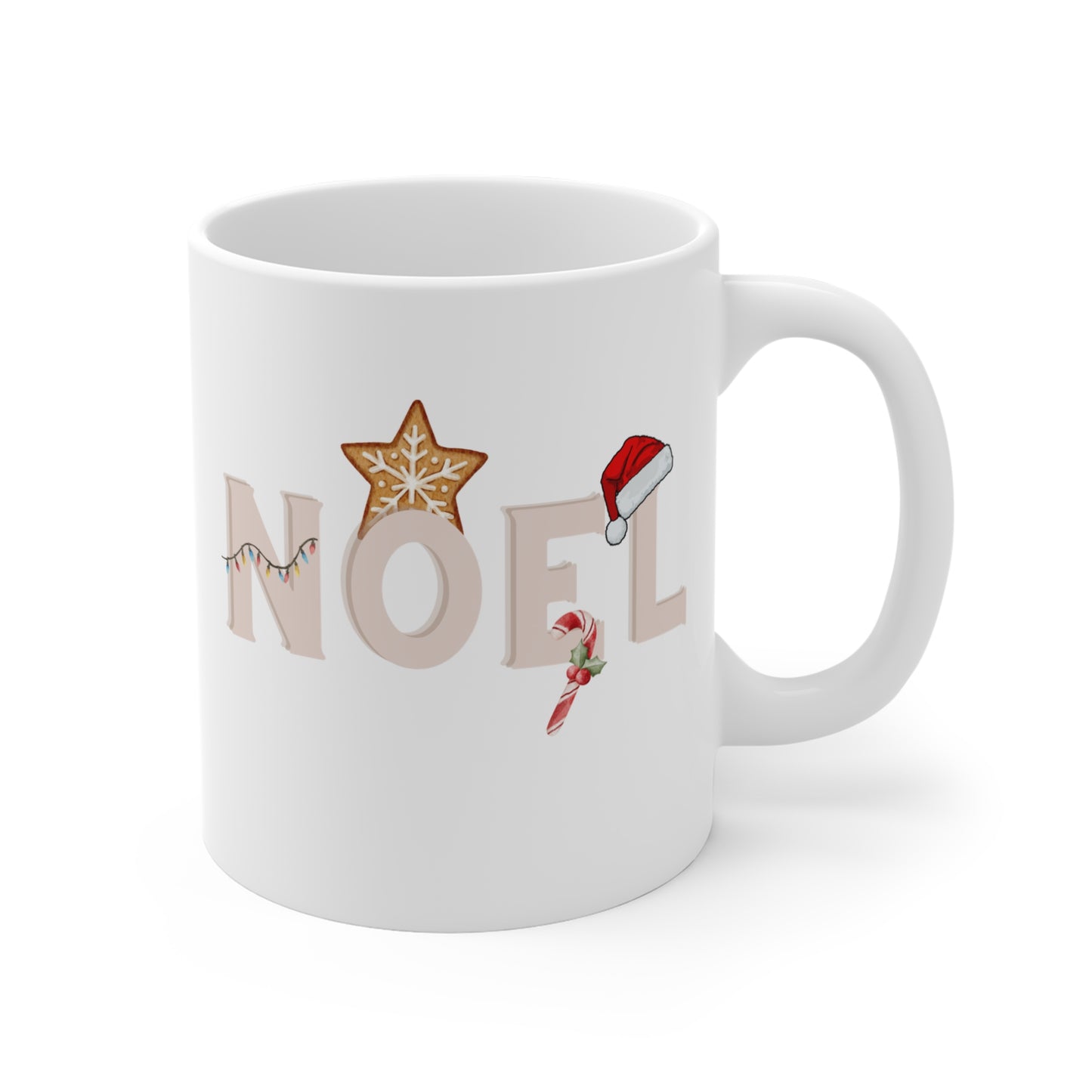 Christmas Noel Mug 11oz - Festive Holiday Coffee Cup with Santa Hat and Gingerbread Design