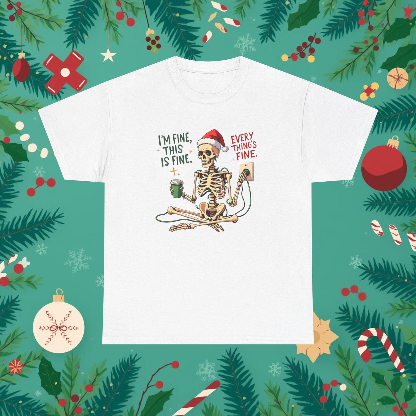 Festive Skeleton Unisex Heavy Cotton Tee - "I’m Fine, This is Fine" Holiday Humor Shirt
